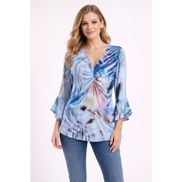 Impulse California Tops - Impulse California Artwear Tunic | Abstract Blue Boho Rhinestone Ruffle Sleeve M